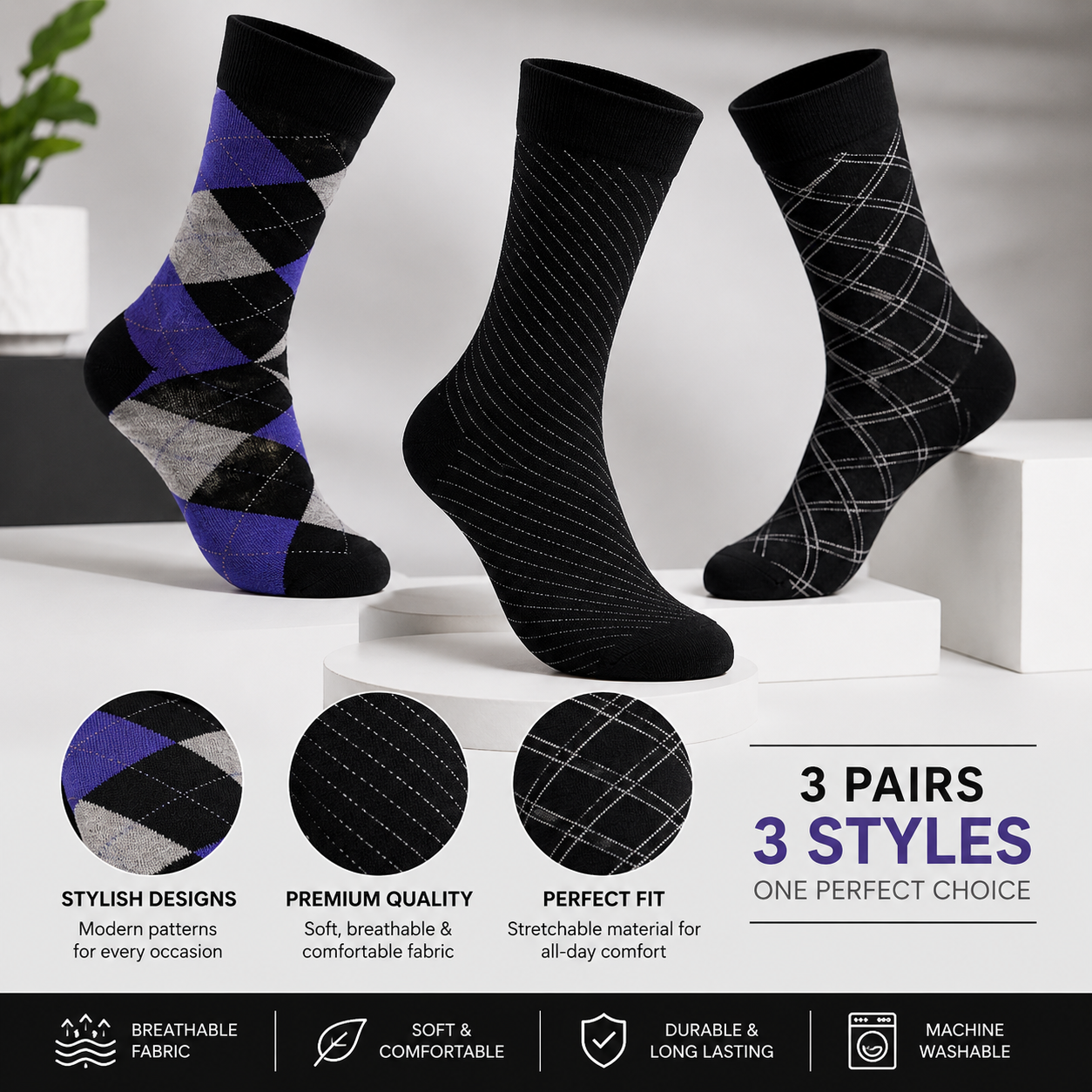 Men’s Premium Dress Socks – Breathable Cotton Blend | Comfortable All-Day Wear (3–6 Pack)