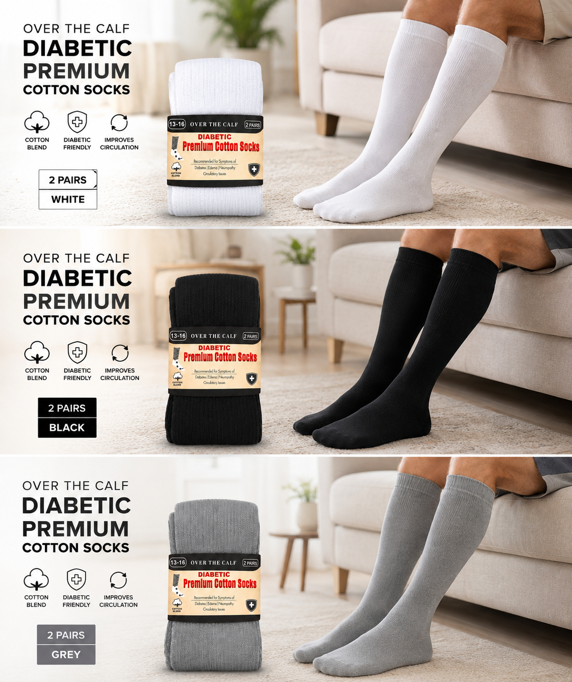 Over The Calf Diabetic Premium Cotton Socks – 6 Pairs